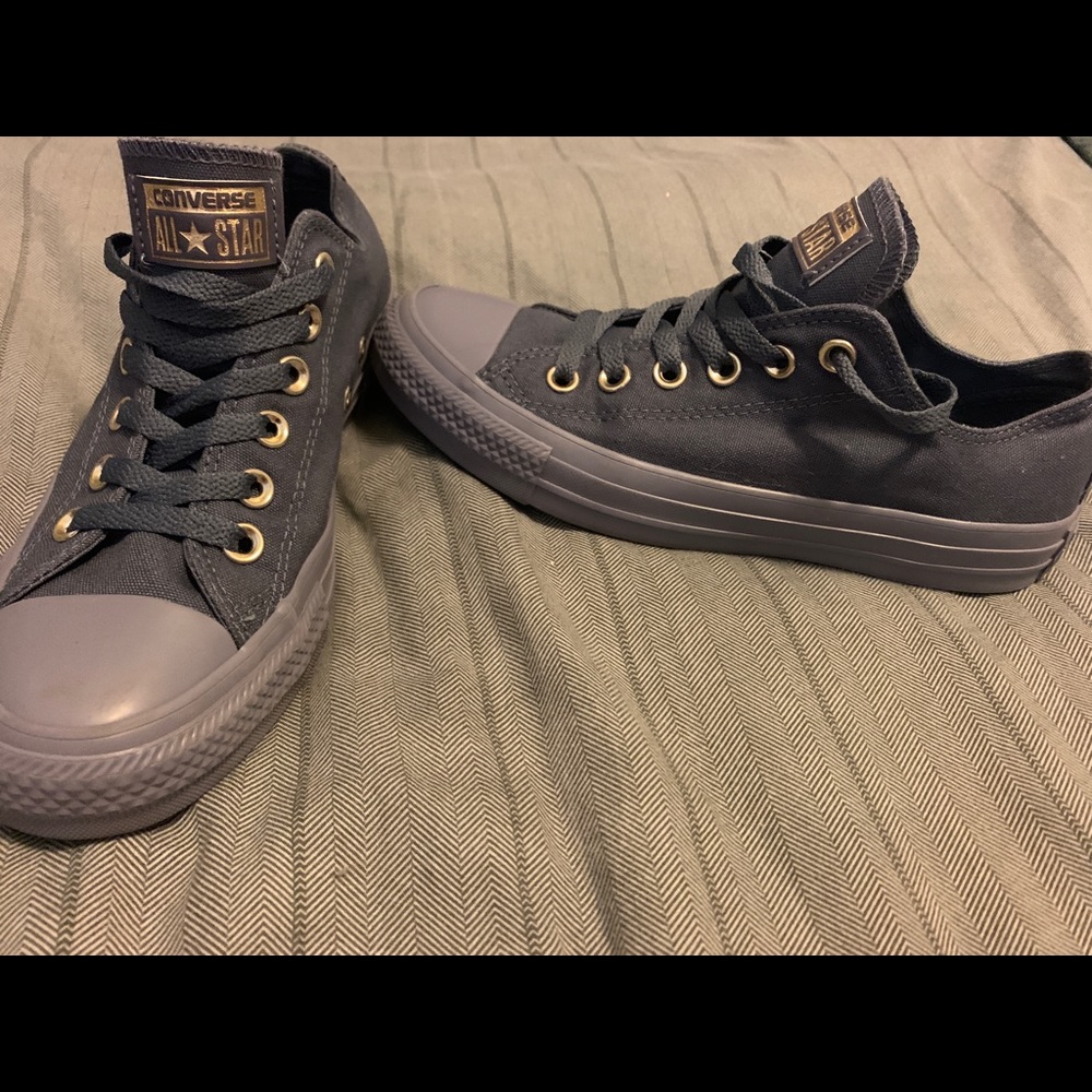 Blue-grey converse with gold decal